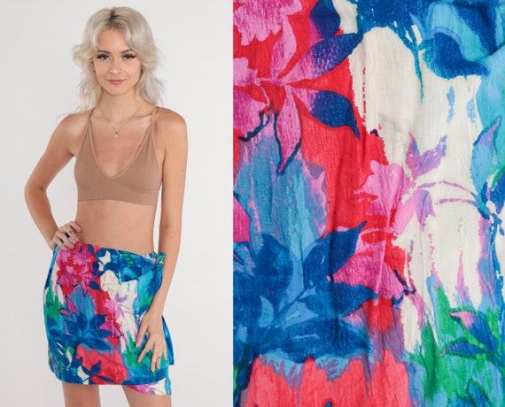 Floral Wrap Skirt Y2K Jam's World Mini Skirt Hawaiian Tropical Flower Print Summer Beach Boho White Pink Blue Green Vintage 00s Small S