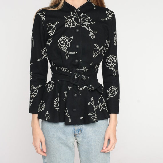 Floral Peplum Blouse Y2k Black Wool Button Up Top… - image 7