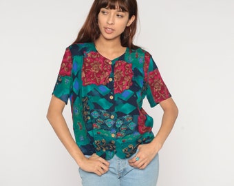 Statement Blouse 90s Abstract Floral Print Button up Top Short Sleeve Shirt Retro Geometric Summer Red Blue Green Vintage 1990s Rayon Small