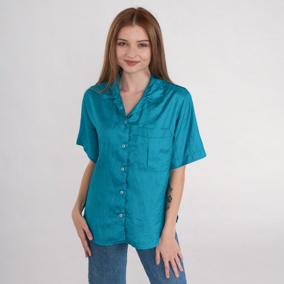 Blue Blouse 80s Button Up Shirt Retro Plain Simple Short Sleeve Top Chest Pocket Preppy Basic Collared Minimal Simple Vintage 1980s Medium M
