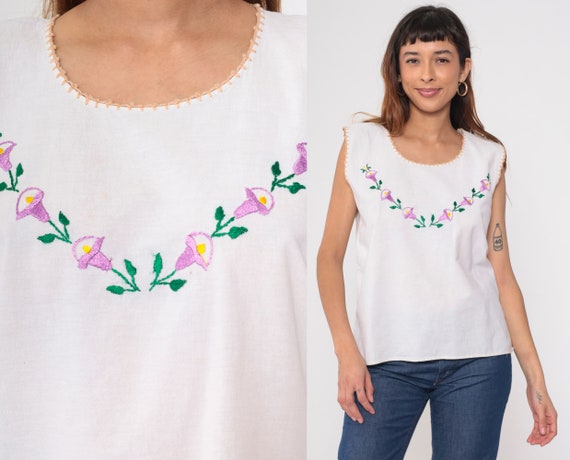 Floral Embroidered Tank Top 90s White Blouse Flower Summer Sleeveless Hippie Vintage 1990s Scoop Neck Medium