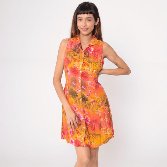Tropical Hawaiian Dress 90s Floral Button Front Sleeveless Mini Summer Orange Pink Yellow Palm Hibiscus Vacation Beach Paradise Medium M