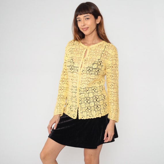 Yellow Crochet Cardigan 80s Sheer Floral Knit Sweater Top Boho Cutout Button up Bohemian Open Weave Cut Out Hippie Boho Vintage 1980s Medium