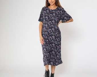 Vestido vintage con estampado de cachemira, años 90, azul oscuro, bohemio, midi, escote redondo, manga corta, morado, costura princesa, años 90, rayón, talla mediana, grande, de Kathie Lee