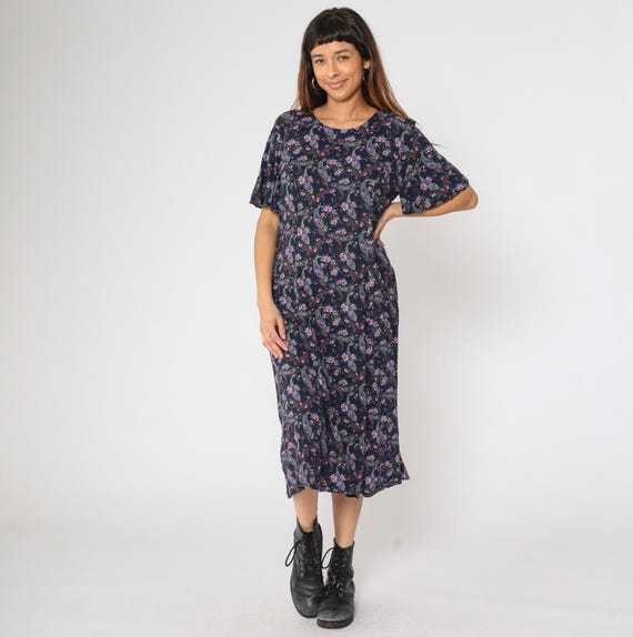 Vintage Paisley Floral Dress 90s Dark Blue Boho Midi Kathie Lee Scoop Neck Short Sleeve Purple Princess Seam 1990s Rayon Medium Large