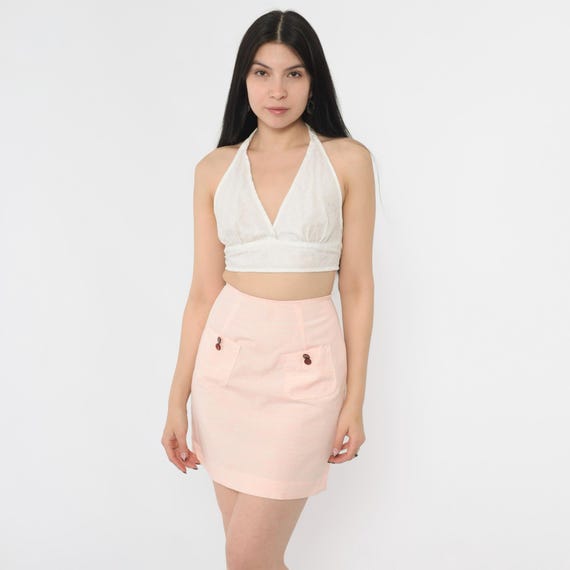 Vintage 60s Pink Mini Skirt High Waist Mod Pocket Detail Pencil Cut Light Pastel Button Accent 1960s Retro Short Skirt Extra Small xs 00