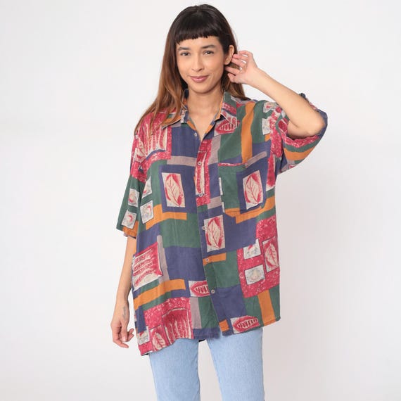 Colorful Patchwork Top 90s Abstract Shirt Pattern Short Sleeve Streetwear Summer Navy Red Orange Green Vintage Blouse Extra Large XL