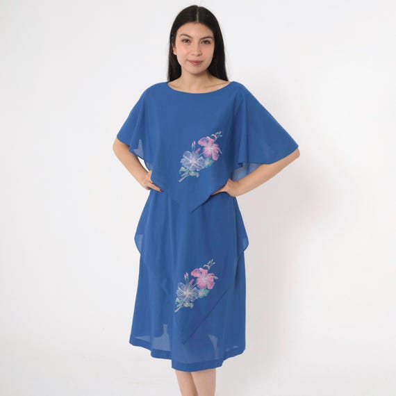 Vintage Tiered Capelet Dress 80s Blue Tropical Floral Midi Dress Party Grecian Draped Flowy Flutter Sleeve V Back 1980s Large L