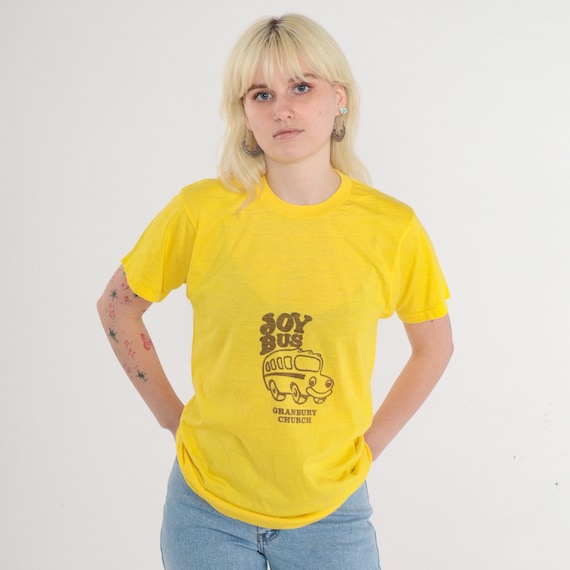 Granbury Church Shirt 80s Texas T-Shirt Joy Bus Graphic Tee Christian Baptist TShirt Christianity Religious Top Yellow Vintage 1980s Medium
