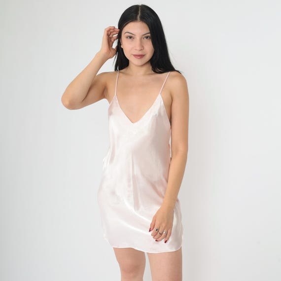 Vintage Pink Satin Slip Dress 90s Pastel Lingerie Mini Retro V Neck Nightgown Low Open Back Spaghetti Strap Nightie Sexy 1990s Medium M