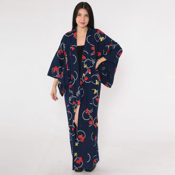 Vintage Japanese Yukata Robe 90s Butterfly Print Navy Blue Cotton Kimono Wide Sleeve Lounge 1990s Japan Small Medium Large