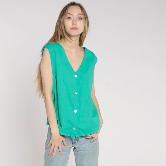 Vintage 90s Tank Top Green Shirt 1990s Sleeveless Blouse Button Up Shirt Normcore Basic Top Plain V Neck Large L
