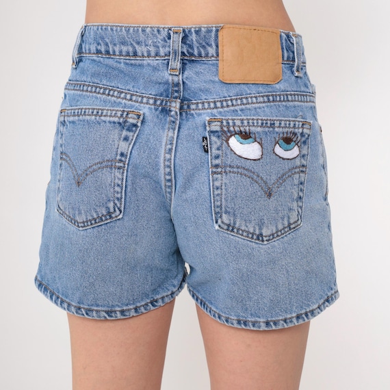 90s Levis Jean Shorts Embroidered Eyes Denim Shorts Blue High Rise Button Fly Shorts Retro Levi Strauss Vintage 1990s Small Jr
