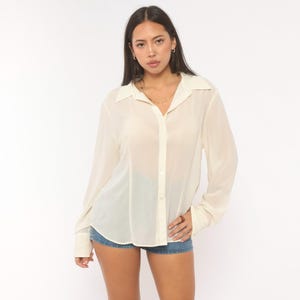 Y2K Sheer Cream Blouse Button Front Shirt Chiffon Top Off White Collared Long Sleeve See Through Minimal Neutral Layering Extra Large XL