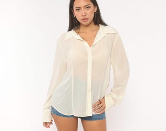 Y2K Sheer Cream Blouse Button Front Shirt Chiffon Top Off White Collared Long Sleeve See Through Minimal Neutral Layering Extra Large XL