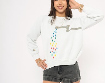 Farbenfrohes Hahn-Sweatshirt 90er Jahre Weiß Rundhalsausschnitt Raglan-Ärmel Pullover Vintage-Stil Skurril Art Pullover Vintage