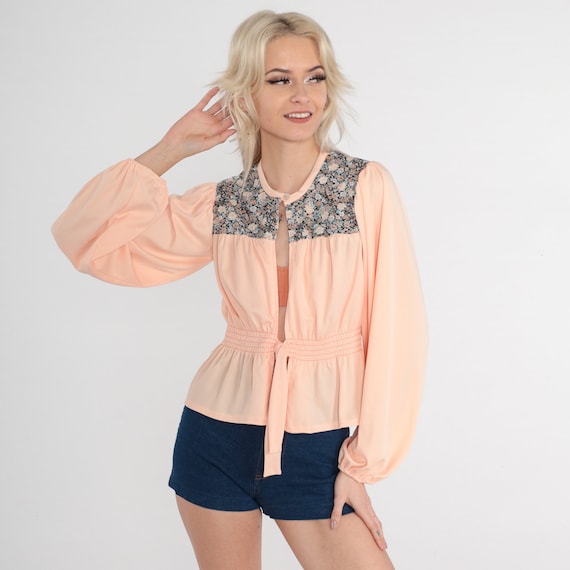 70s Peasant Blouse Peach Floral Top Open Tie Front Cottagecore Girly Romantic Long Puff Sleeve Shirt Summer Vintage 1970s Extra Small XS S