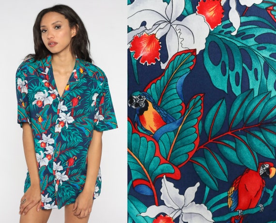 Hawaiian Shirt Tropical Shirt 80s Blouse Blue Button Up Floral Parrot Leaf Print 1980s Boho Top Beach Button Down Vintage Tourist Large L