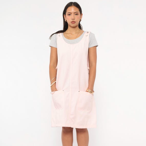 Blush Pink Pinafore 90s Cotton Jumper Dress Scoop Neck Side Button Snap Closure Patch Pocket Knee Length Rose Sleeveless Shift Medium M