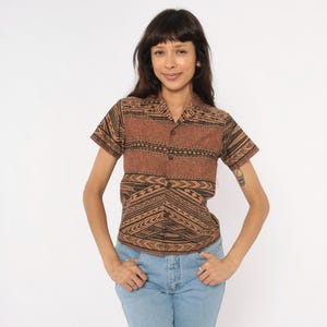 90s Tribal Print Shirt Brown Black Geometric Button Front Camp Collar Polynesian Pattern Top Earth Tone Aztec Vintage Extra Extra Small XXS