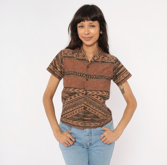 90s Tribal Print Shirt Brown Black Geometric Button Front Camp Collar Polynesian Pattern Top Earth Tone Aztec Vintage Extra Extra Small XXS
