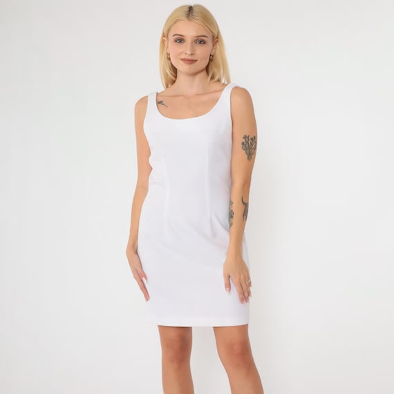 Vintage White Mini Dress 90s Sheath Dress Sleeveless Scoop Neck Dress Vintage 1990s Simple Plain Basic Hourglass Small 5