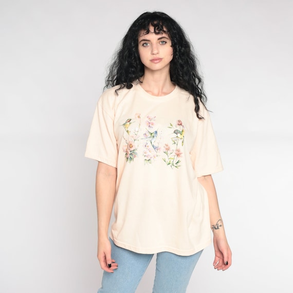 Sparkly Hummingbird Tshirt 90s Floral Bird Shirt Iridescent Glitter Tshirt Vintage Nature Botanical Tee 1990s Graphic Beige Extra Large xl
