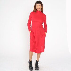 Red Acrylic Dress 70s 80s Mock Neck Midi Dress Long Sleeve Dress Pocket Low Waist Secretary Long Sleeve 1980s Vintage Plain Medium Large image 2