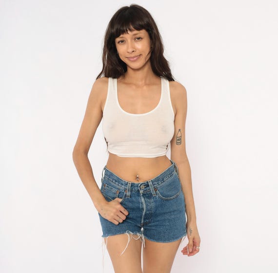 Levi's 501 Cutoff Shorts Blue Denim Button Fly Raw Hem High Rise Jean Cut Off Frayed Cotton Selvedge White Oak Grunge Vintage Women's Small