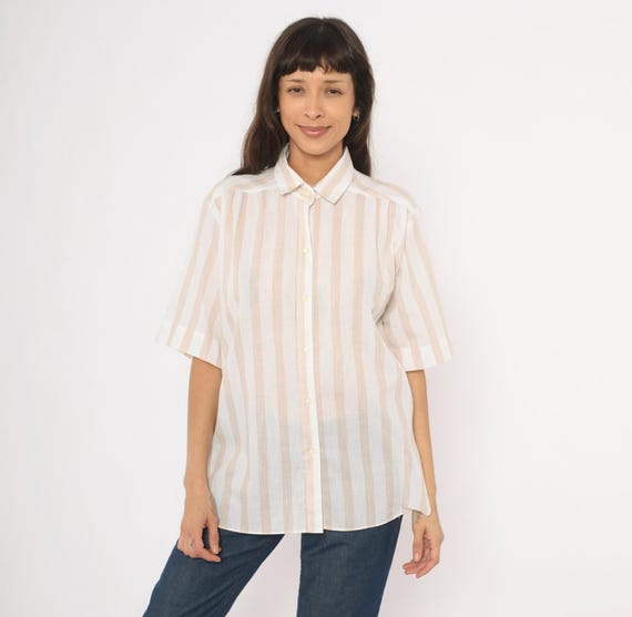 80s Tan Striped Button Front Shirt Cream Cotton Blouse Pointed Collar Relaxed Fit Neutral Summer Beach Top Sand Beach Boxy Vintage Large L