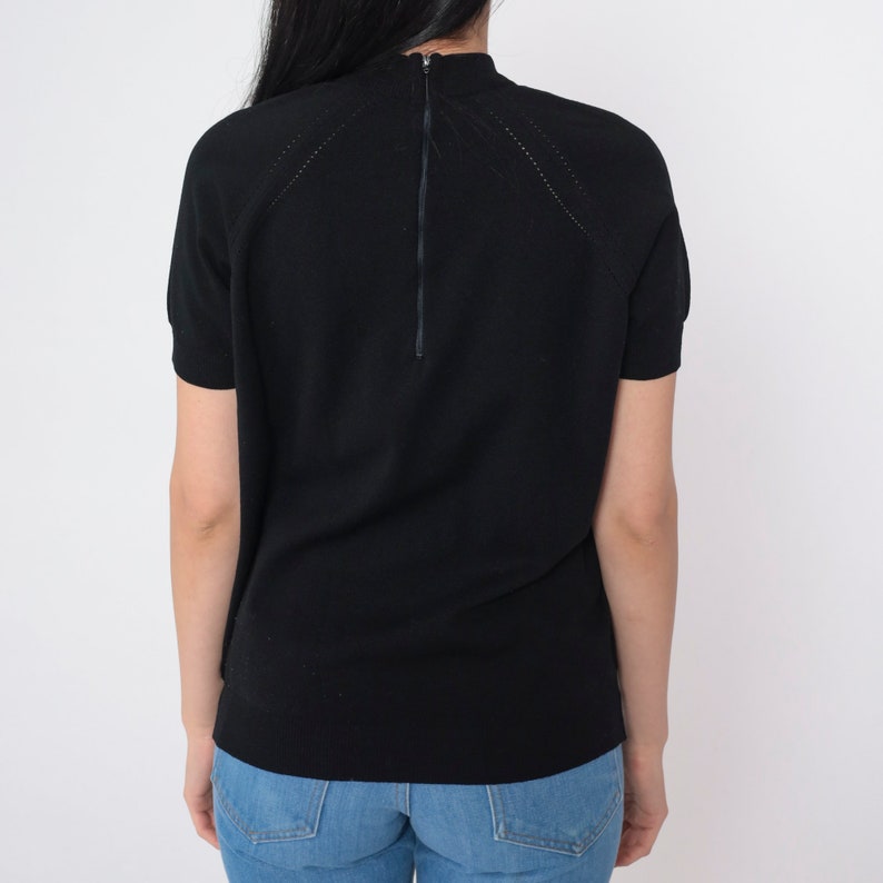 Plain Black Shirt 70s Short Raglan Sleeve Top Cutout Retro Minimal T-Shirt Summer Casual Solid Banded Hem Blouse Nylon Vintage 1970s Large L image 5