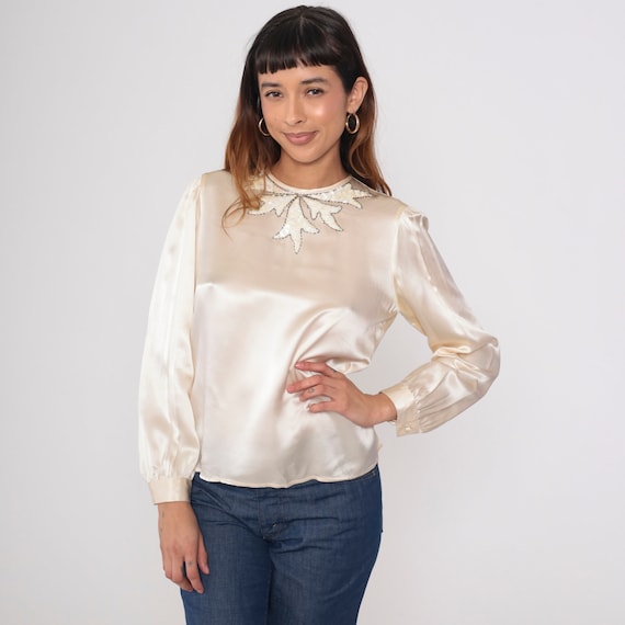 Cream Silk Blouse 80s Beaded Sequin Shirt Puff Sleeve Top Leaf Long Sleeve Button Back Top Formal Party Chic Vintage 1980s Medium 8 Petite