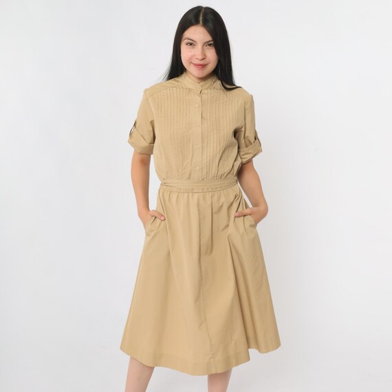Vintage Tan Utility Shirt Dress 80s Button Up Midi Dress Plain Pintucked Roll Tab Sleeve Shirtdress High Waist 1980s Long Sleeve Medium 8