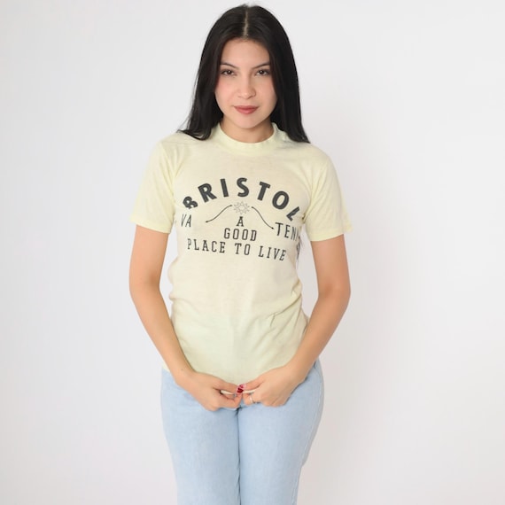 80s Bristol Virginia Tennessee T-Shirt A Good Place to Live Graphic Tee Vintage Yellow Short Sleeve 1980s Travel Tee Retro Extra Small xs