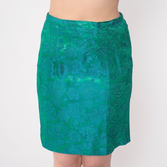 60s Floral Skirt Green Brocade Mini Skirt Blue Fo… - image 4