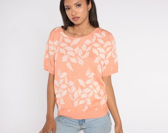 Jaren 80 trui met korte mouwen oranje blad top gebreide retro top botanische shirt witte hippie Slouchy jaren 80 vintage extra groot xl