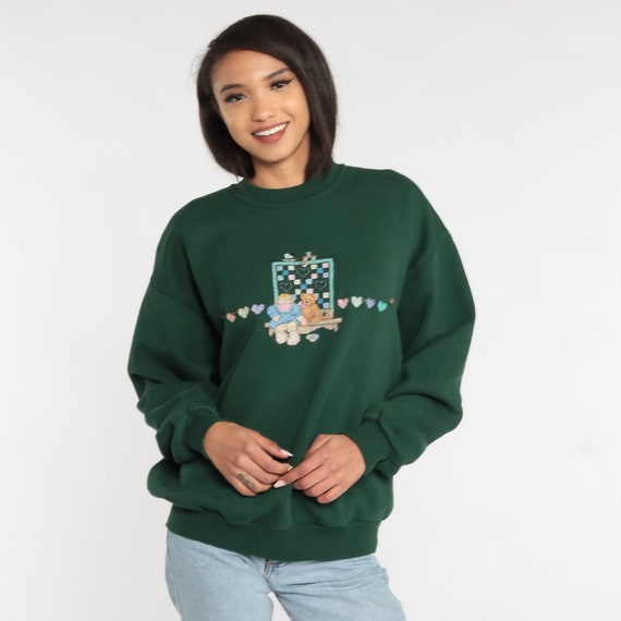 Teddy Bear Sweatshirt 90s Green Heart Sweater Cross Stitch Retro Pullover Crewneck Girly Kawaii Grandma 1990s Vintage Jerzees Extra Large xl