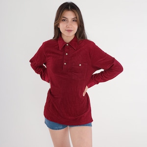Burgundy Polo Shirt -- Vintage 80s Half Button Up Shirt Retro Tshirt Collared 1980s Long Sleeve Tee Plain Men&#39;s Small