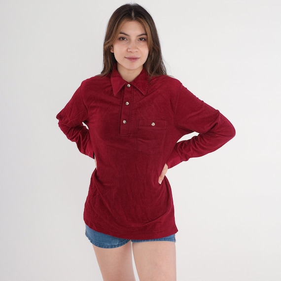 Burgundy Polo Shirt -- Vintage 80s Half Button Up Shirt Retro Tshirt Collared 1980s Long Sleeve Tee Plain Men's Small