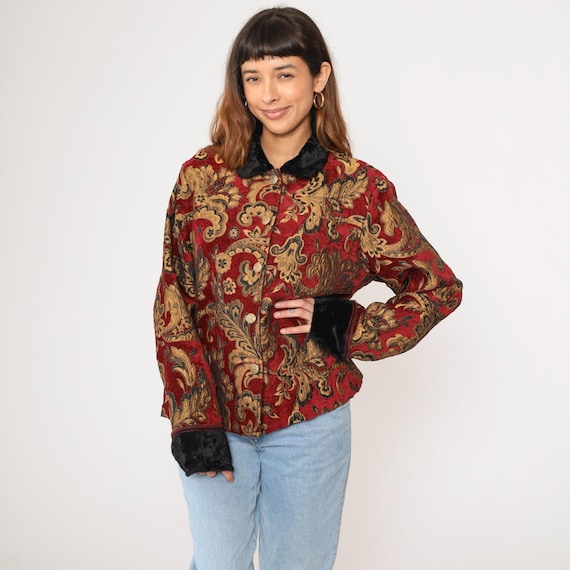 Vintage 90s Red Tapestry Jacket Baroque Floral Pattern Faux Fur Collar Red Gold Button Up 1990s Carol Anderson Collection Extra Large xl