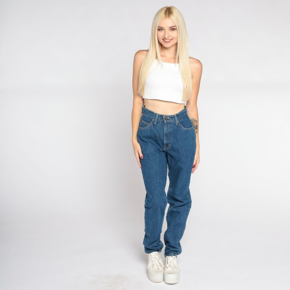 Straight Leg Jeans 90s Mom Jeans High Waisted Rise Dark Wash Relaxed Baggy Denim Pants Boyfriend Blue Streetwear Vintage 1990s Small S 26
