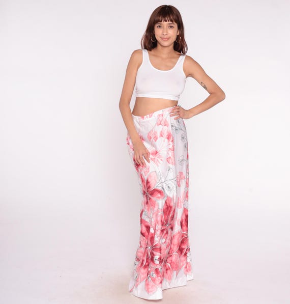 Floral Hibiscus Skirt 80s Watercolor White Pink Coral Flowers Cottagecore Fairycore Prairie Summer Beach Resort Romantic Vintage Large L