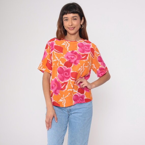 Floral Silk Blouse Y2K Orange Pink Top Short Sleeve Bright Rose Print Shirt Abstract Flower Pattern Summer Spring Tropical Vintage Medium M