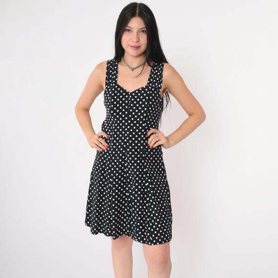 Vintage Polka Dot Sun Dress 90s Black and White Keyhole Open Back Mini Dress Sundress Sleeveless Day Retro 1990s Smocked Small Medium