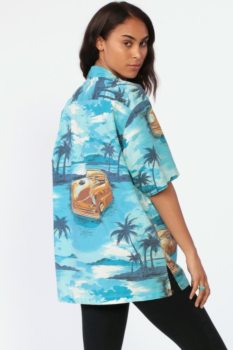 Tropical Car Shirt Surfer HAWAIIAN Blouse 80s Blue Top CLASSIC CAR Print Button Up Short Sleeve Surf Hipster Vintage Beach Extra Large xl l