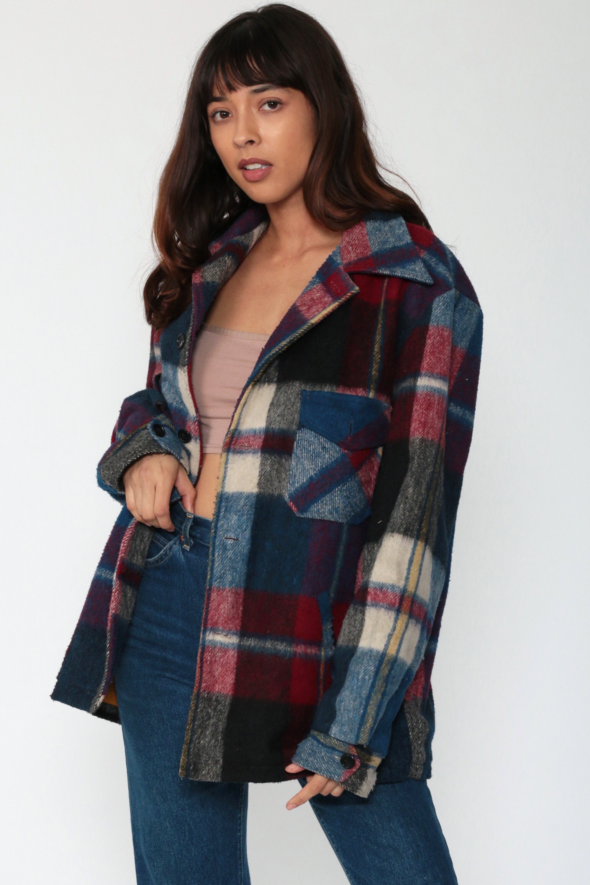 Blue Plaid Jacket Campus Jacket 70s Coat CPO Jacket Lumberjack Button