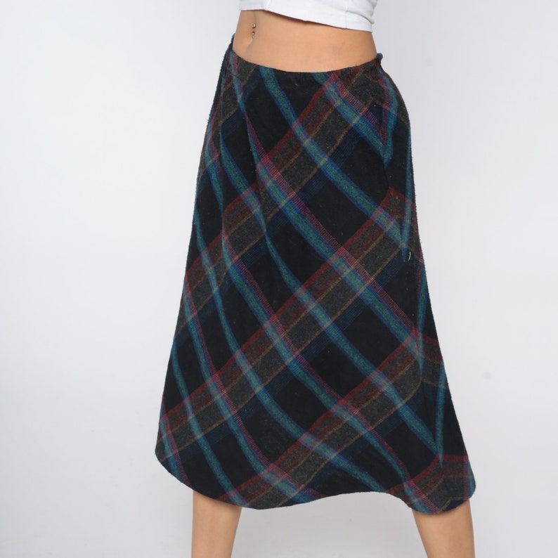 Wool Plaid Skirt 70s Tartan Skirt Midi Kilt School Girl Black Blue High Waist Checkered Retro Vintage Lolita Red Medium Large image 3