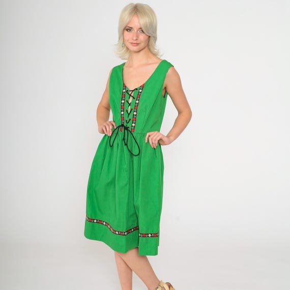 70s Dirndl Dress Green Lace Up Floral Trim Midi Oktoberfest Sundress Sleeveless High Waisted Full Skirt German Corset Vintage 1970s Medium