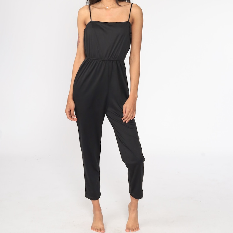 Black Disco Jumpsuit 70s Pantsuit Slim Skinny Pants Vintage Romper Pants 80s High Waisted Boho Spaghetti Strap Retro Small Medium