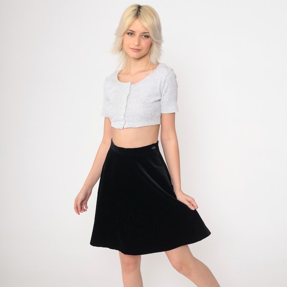 Vintage Black Velvet Skirt 90s Laura Ashley A-Line Skirt Simple High Waisted Mini Skirt Goth Party Retro Gothic Plain 1990s Extra Small xs